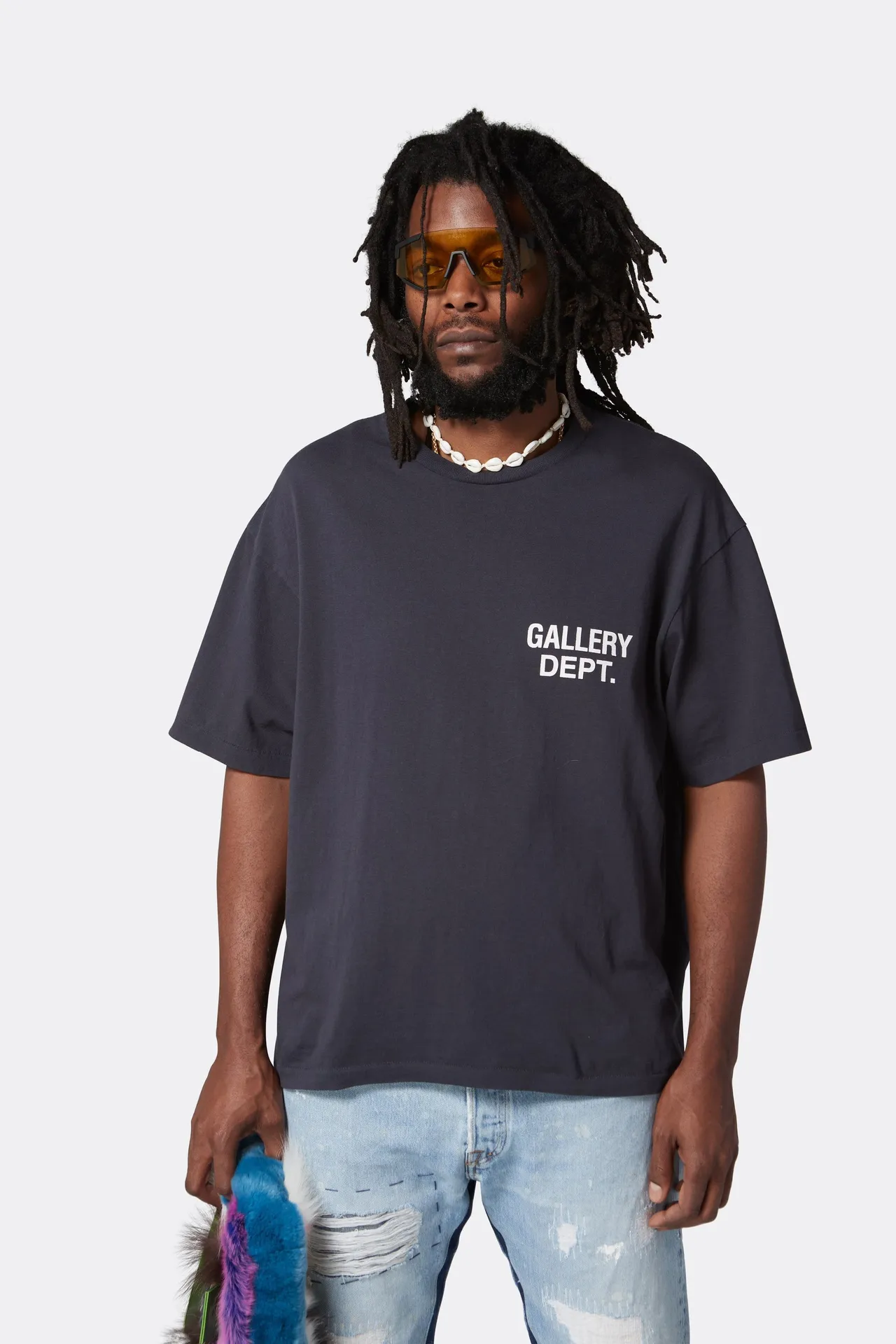 GALLERY DEPT. SOUVENIR TEE Black English LOGO short sleeves, washed black S-XL, classic basic style, washed and distressed, cylindrical seamless linen and cotton fabric, loose fit